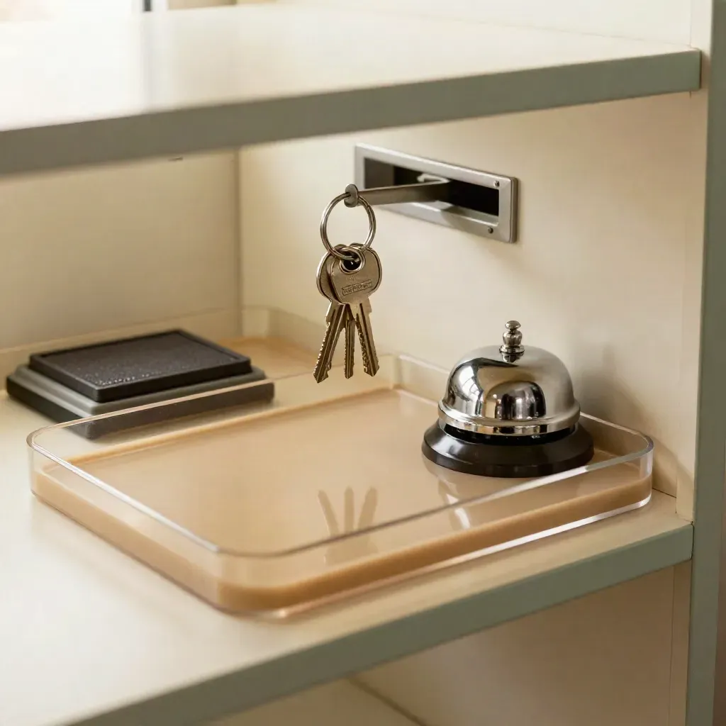 Tray layanan, stempel, kunci, dan bel tunggu di rak kantor desa