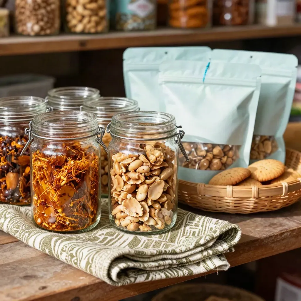 Jar sampel UMKM, kain batik terlipat, keranjang anyaman, dan pouch snack di cahaya lembut.