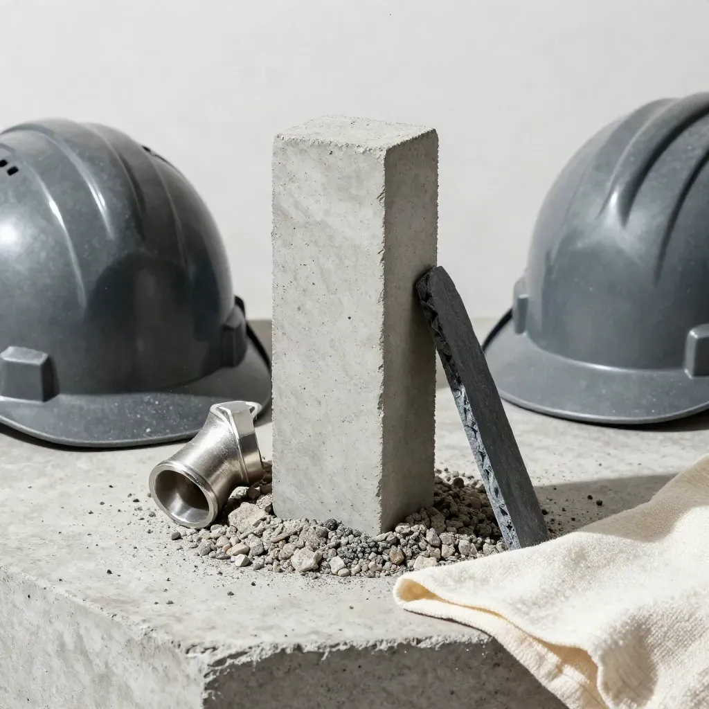 Inti beton, helm proyek, siku pipa, dan tray kerikil di bangku kerja berdebu.