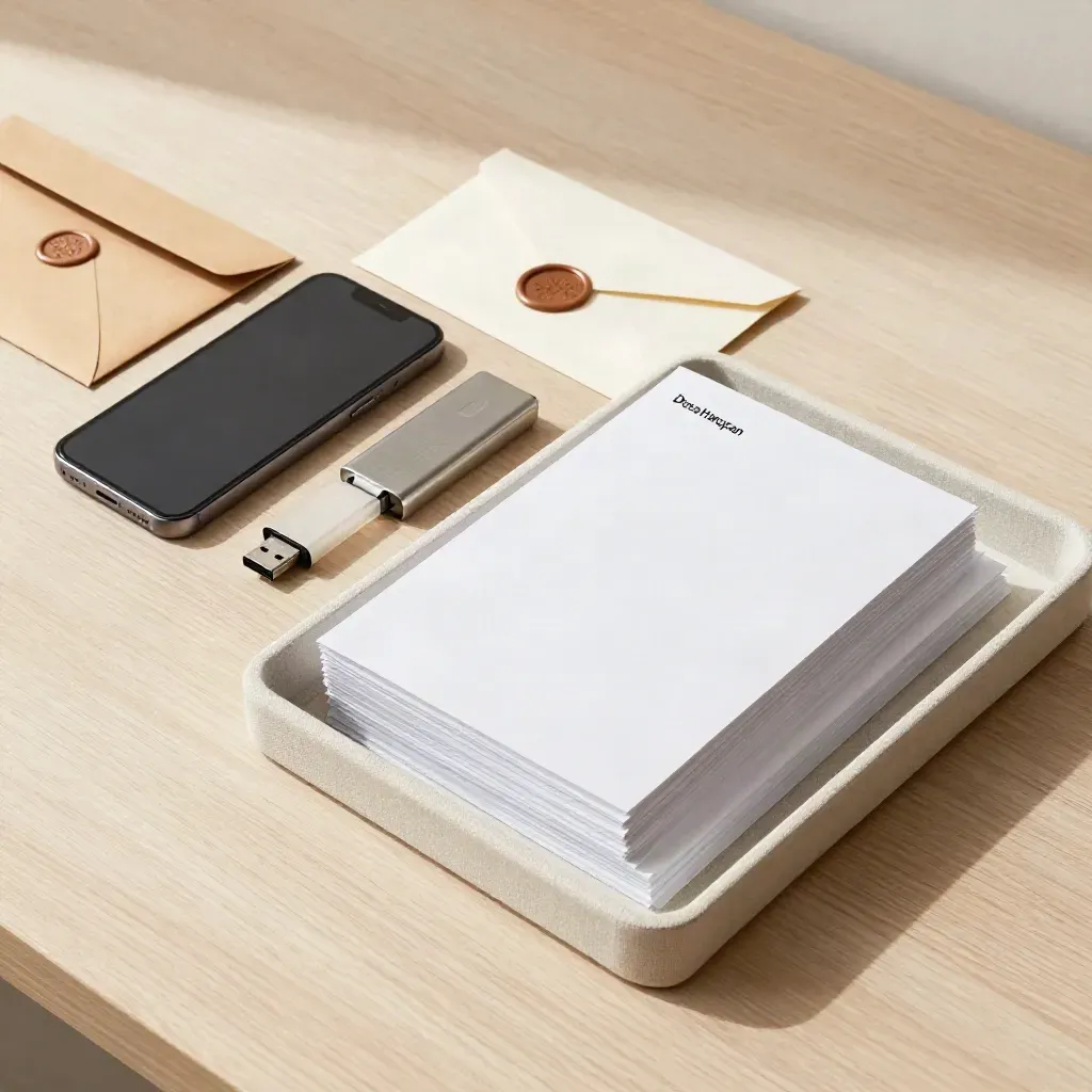 Smartphone, amplop, USB, dan baki inbox di atas permukaan kayu pucat.