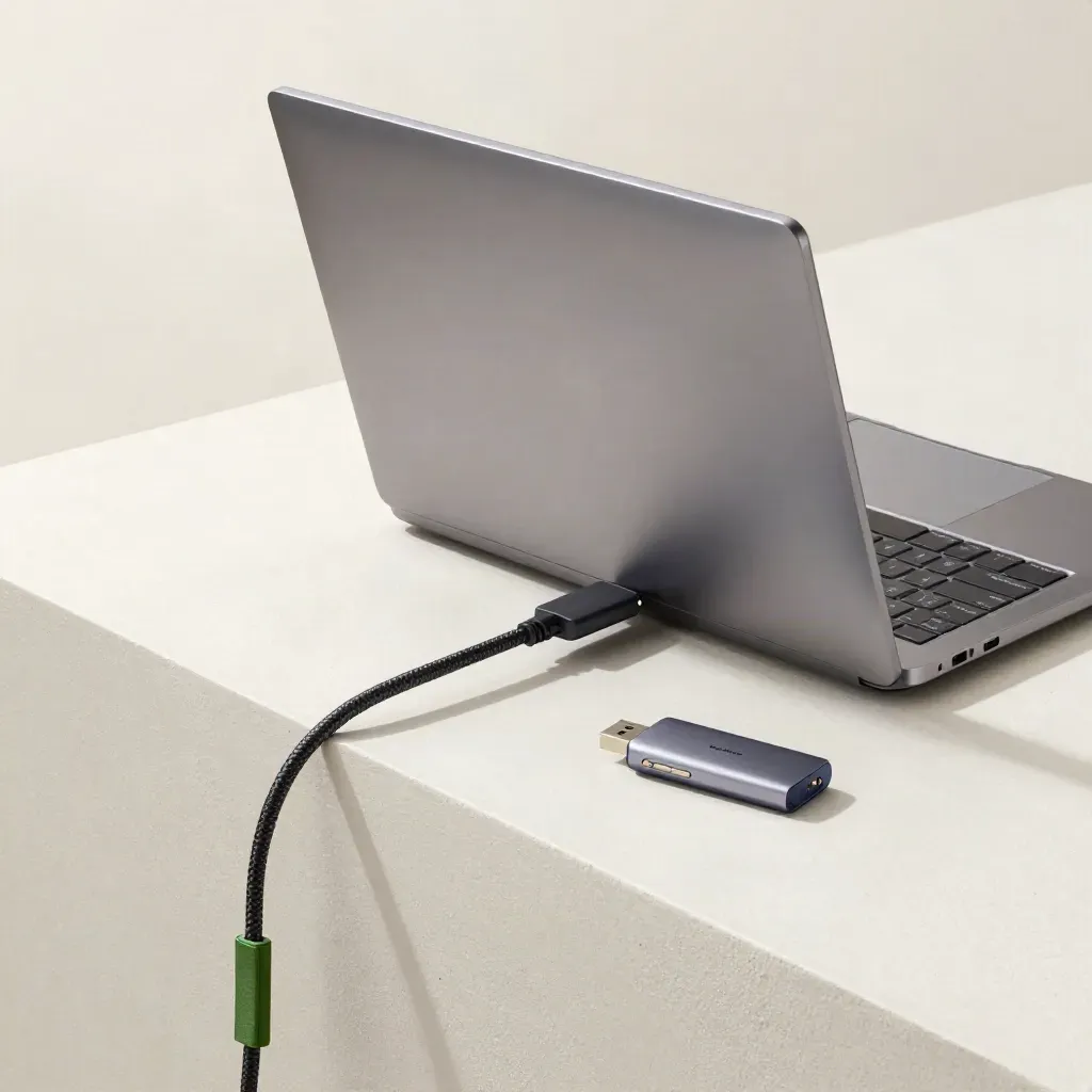 Laptop tertutup, router menyala, kabel ethernet, dan USB drive di alas krem.