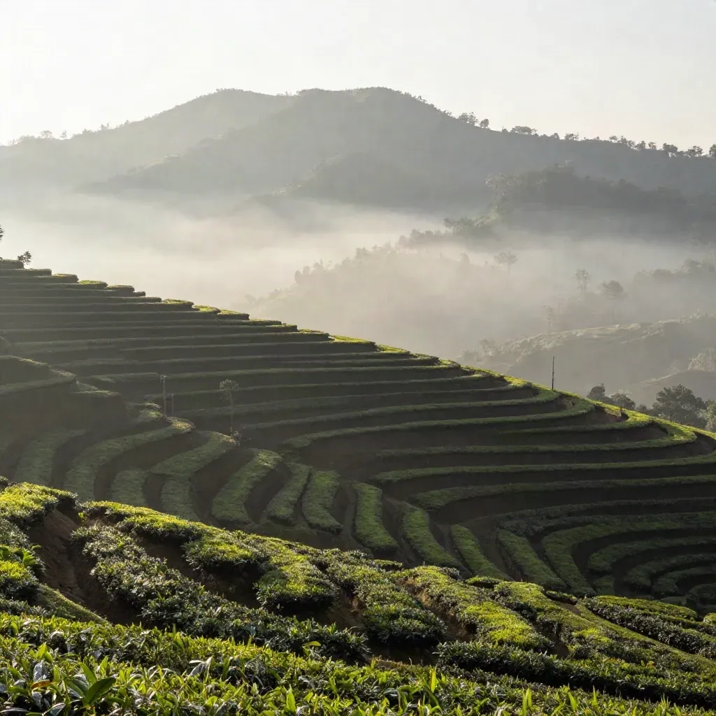 Kabupaten Bandung berkabut dengan terasering teh dan siluet gunung di kejauhan.