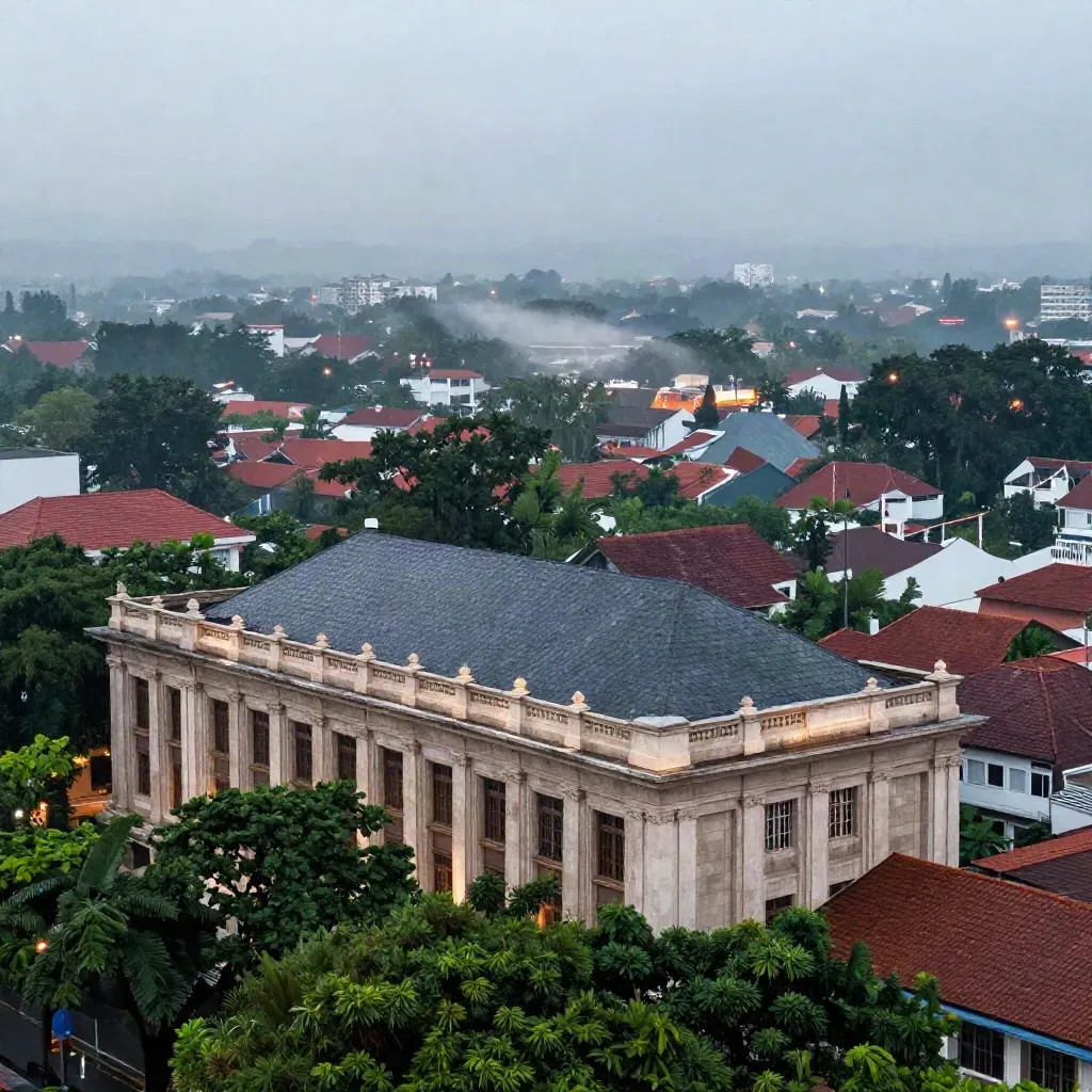 Panorama Kota Bandung dengan atap art deco, kanopi pohon, dan cahaya kota saat senja basah.