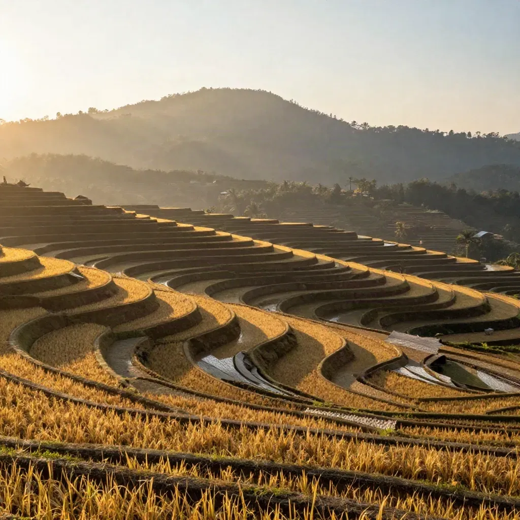 Terasering sawah Sumedang saat golden hour dengan bukit rendah di kejauhan.