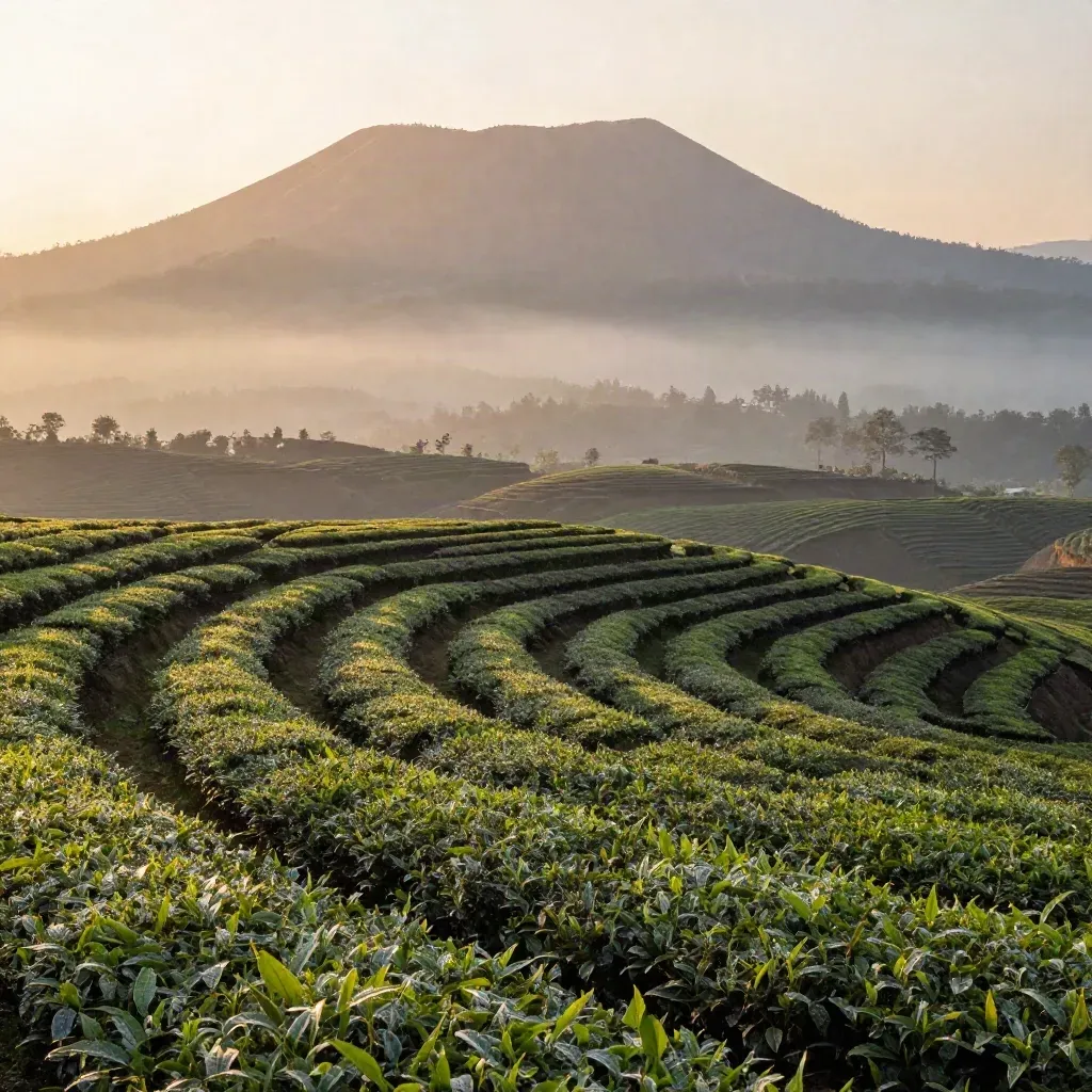 Kebun teh Garut di kaki Papandayan saat senja, berkabut hangat dan bertekstur lembut.