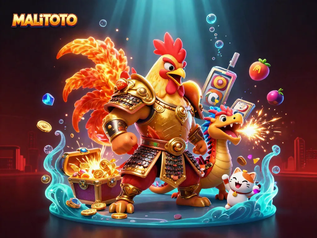 MALITOTO showcases a dynamic casino scene with an armored rooster warrior, dragon hatchling, and jackpot elements for an engaging gaming experience.