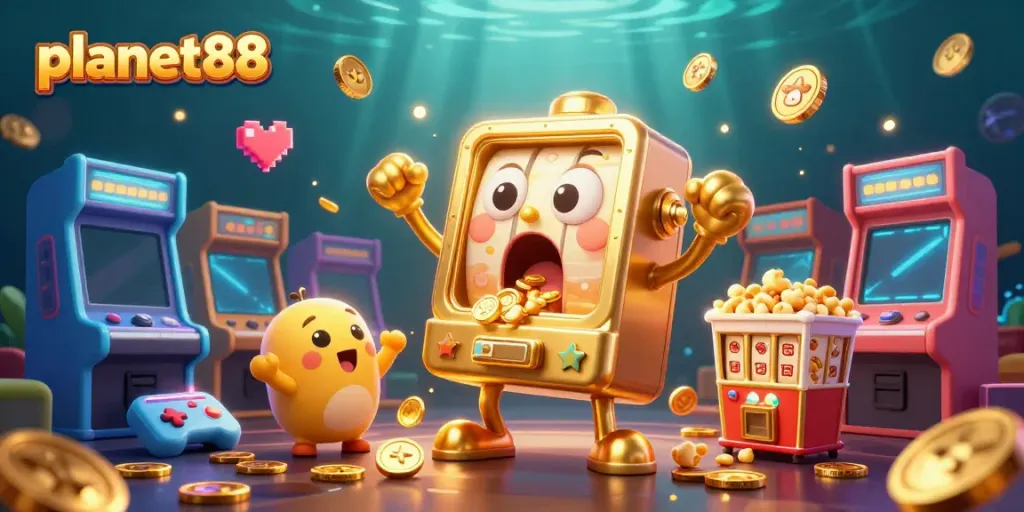 Join the fun at planet88 as a golden slot machine celebrates a jackpot surrounded by cheering mini slot machines.