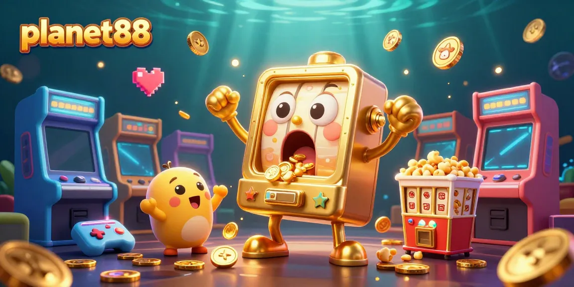 Join the fun at planet88 as a golden slot machine celebrates a jackpot surrounded by cheering mini slot machines.