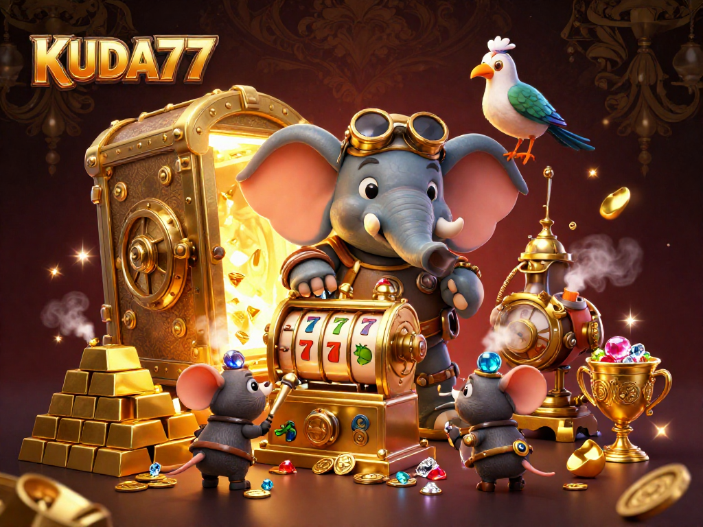Menangkan di KUDA77 dengan mesin slot emas dan berkilau di latar belakang mewah.
