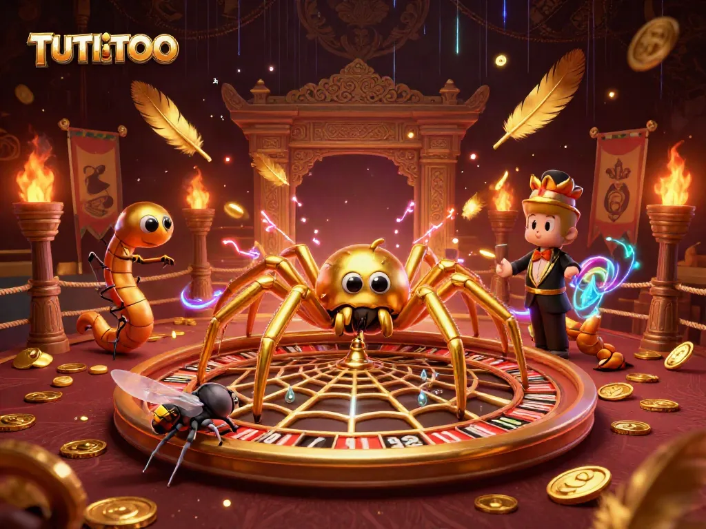TUTITOTO features a golden spider and centipede croupier in a dynamic roulette wheel scene.