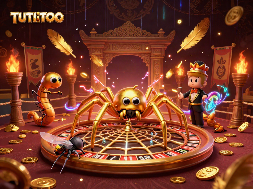 TUTITOTO features a golden spider and centipede croupier in a dynamic roulette wheel scene.