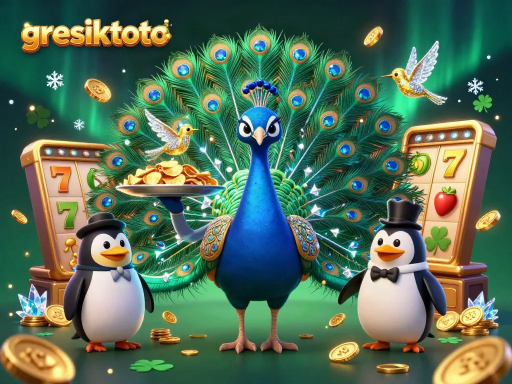 Permainan slot gacor di GRESIKTOTO menampilkan burung merak, penguin pelayan, dan kolibri dengan latar hadiah jackpot.