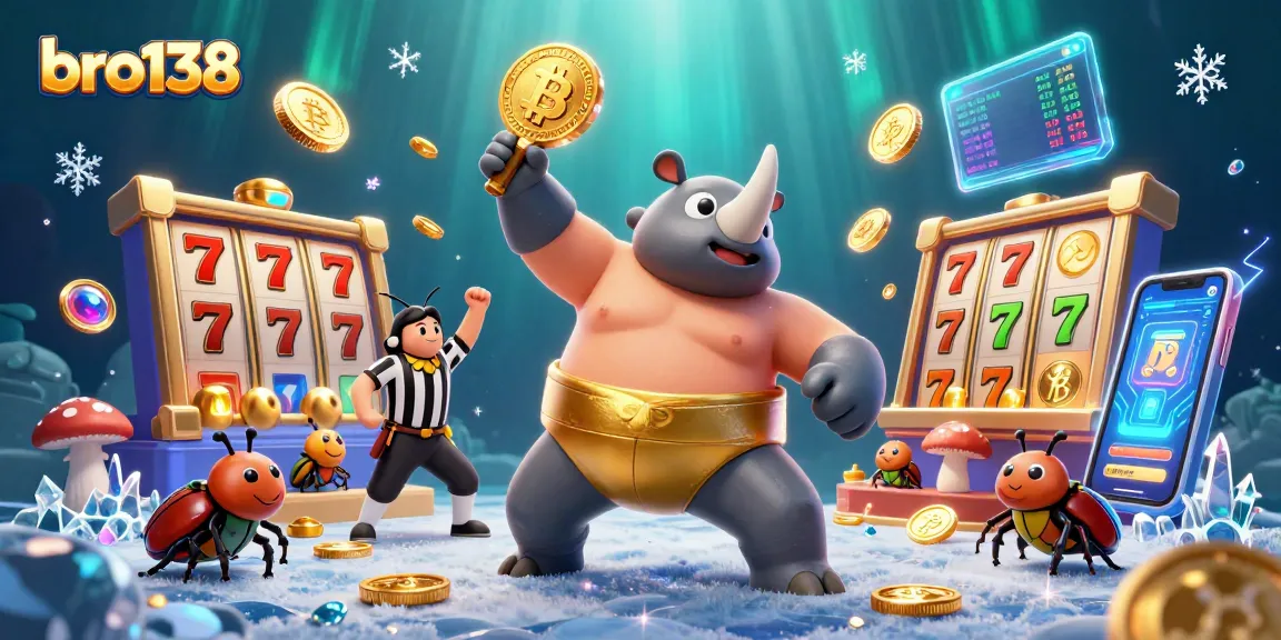 Experience bro138's vibrant gaming scene with dynamic slot action and crypto symbols.