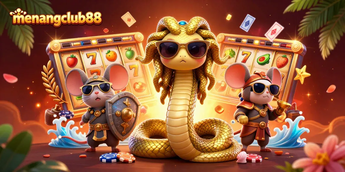 Spin to win at menangclub88 with vibrant slots, Medusa, and casino elements all around.