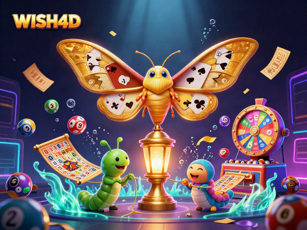 Play and win with WISH4D surrounded by vibrant lottery and casino elements in a detailed illustration.