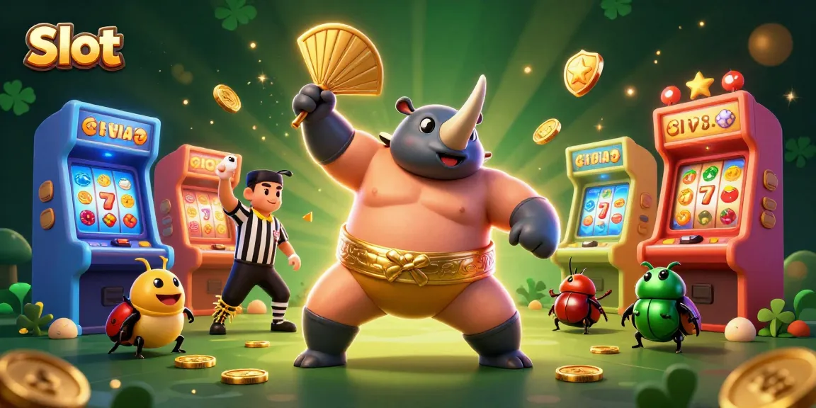 Slot machine action with a rhinoceros beetle champion sending golden coins flying and vibrant game elements.