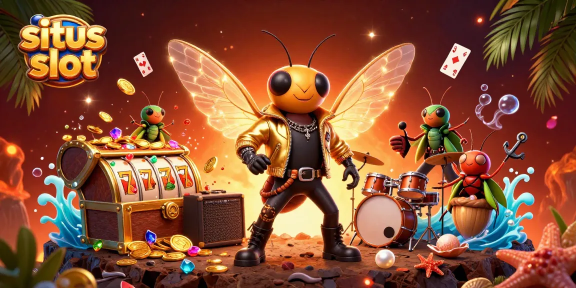 Witness thrilling spins at situs slot with cartoon rock star and treasure-filled backgrounds.