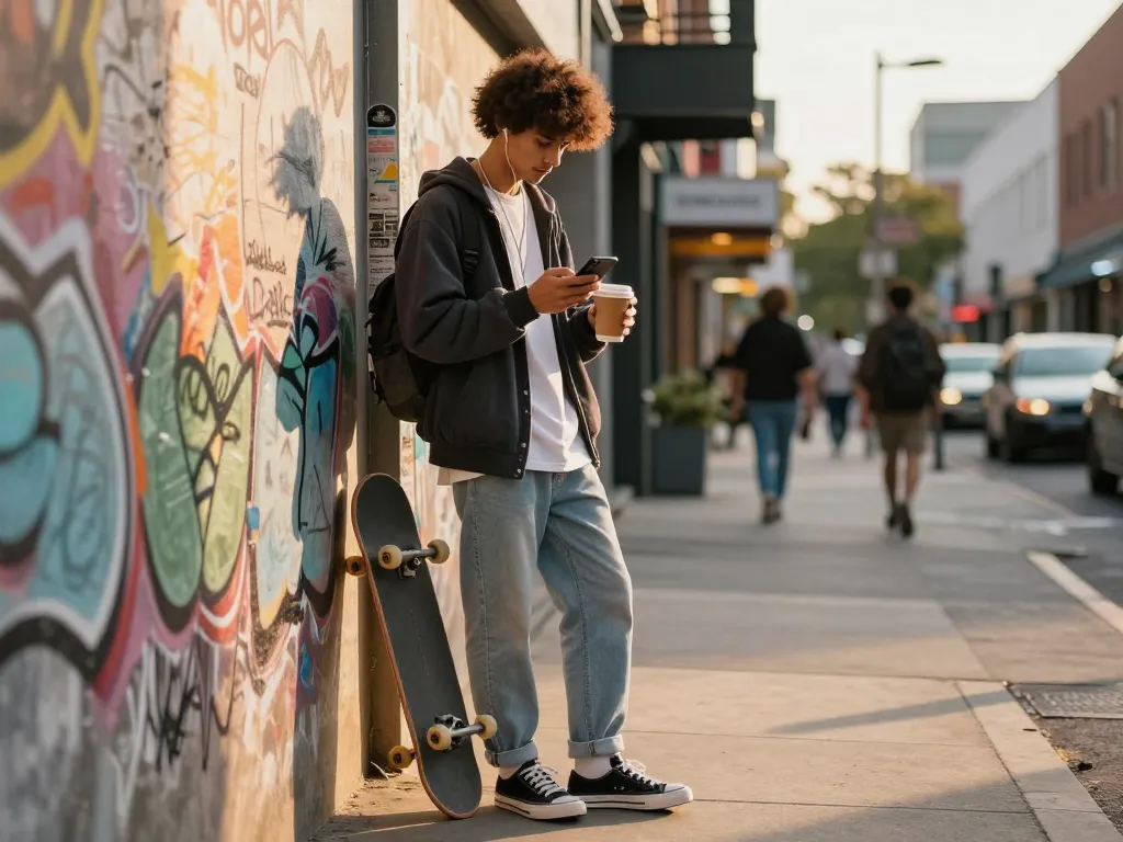 Young adult enjoying urban lifestyle while engaging with BANDIT69 on smartphone in vibrant city.