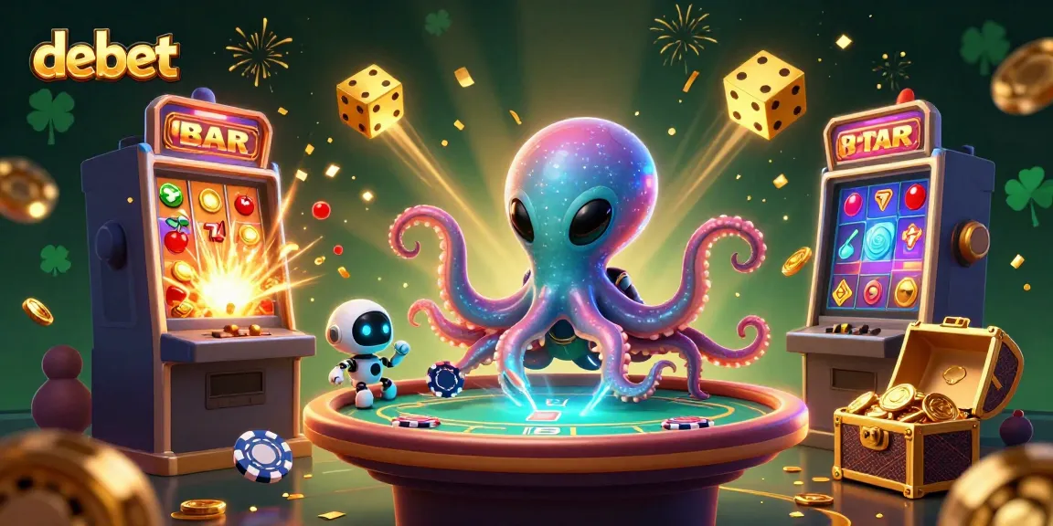 Engage with the debet gaming universe, featuring a whimsical octopus playing holographic poker amidst a vibrant casino explosion.