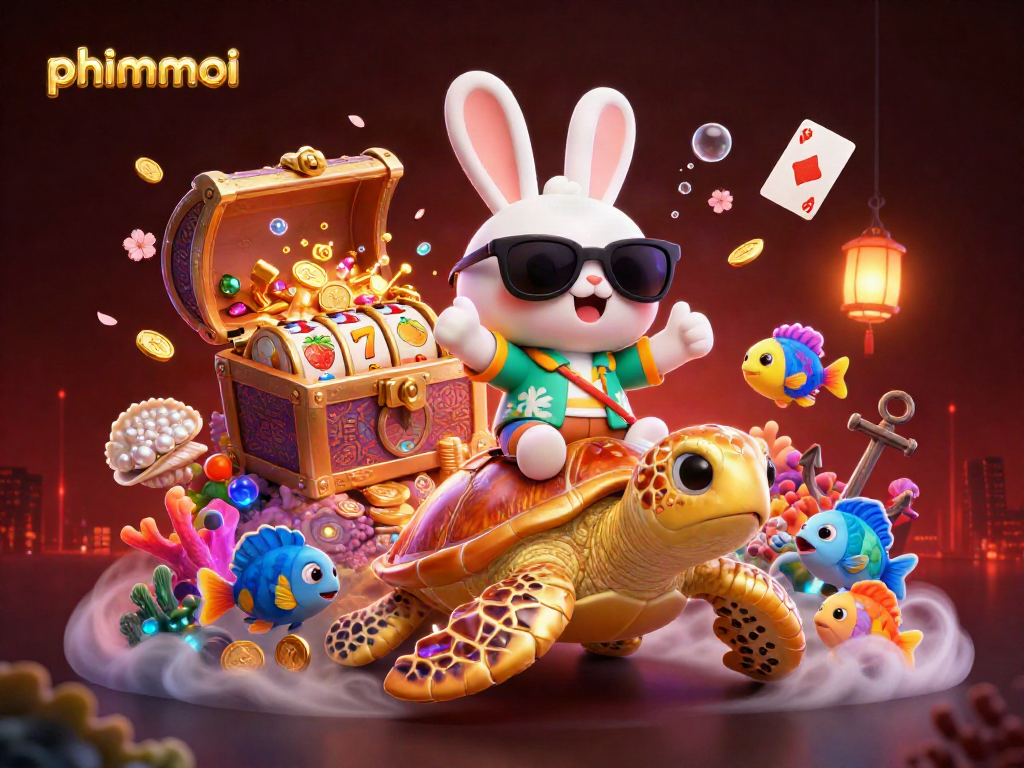 Bet on phimmoi with a vibrant casino scene featuring a lucky rabbit and a golden sea turtle.