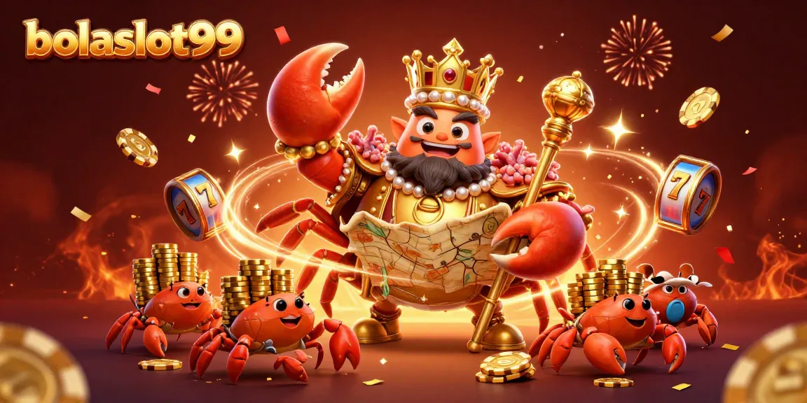 Bolaslot99 showcases a vibrant 3D scene with a golden crab emperor ruling over slot reels in an entertaining casino atmosphere.