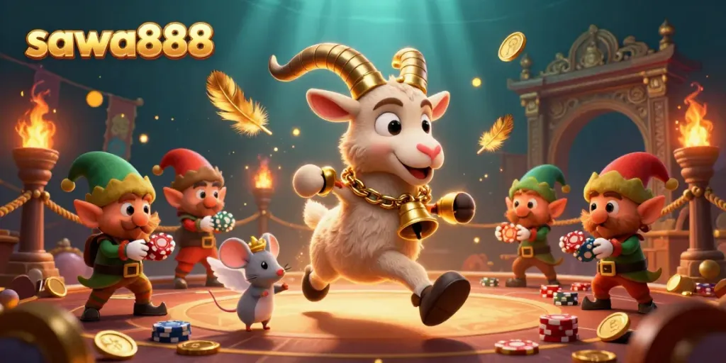Experience the thrilling action at sawa888 casino with festive characters in a dynamic 3D illustration.
