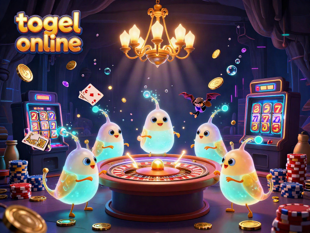 Permainan togel online yang menarik dengan gambar karakter glowing dan dealer unik.