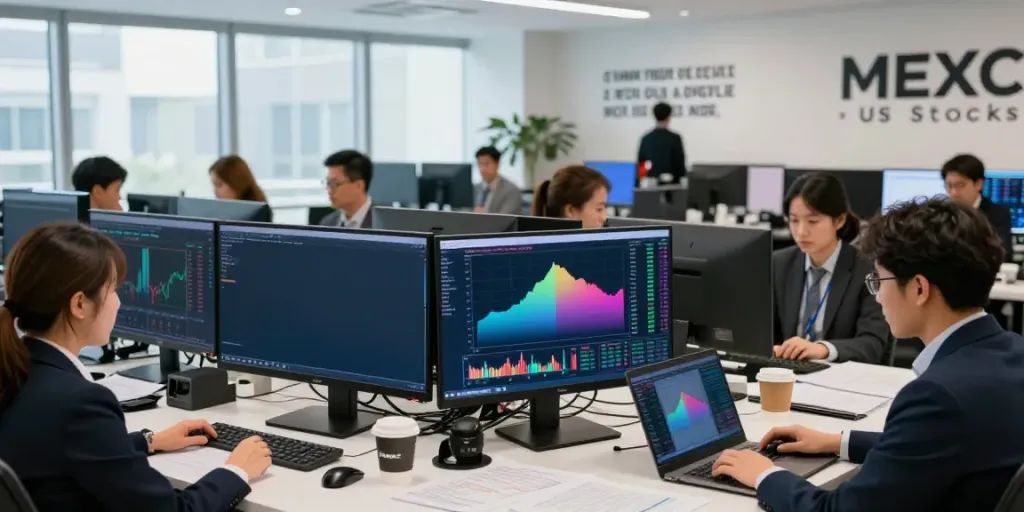 MEXC US Stocks trading scene with traders engaged in real-time stock analysis and market tracking.