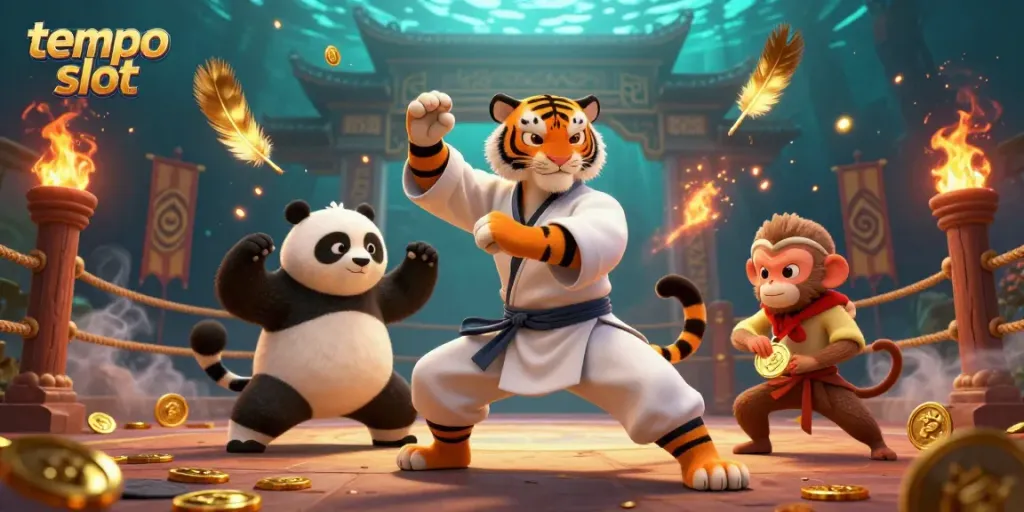 Slot tempo yang menarik ditampilkan dengan karakter kung fu dan suasana kasino yang mendebarkan.