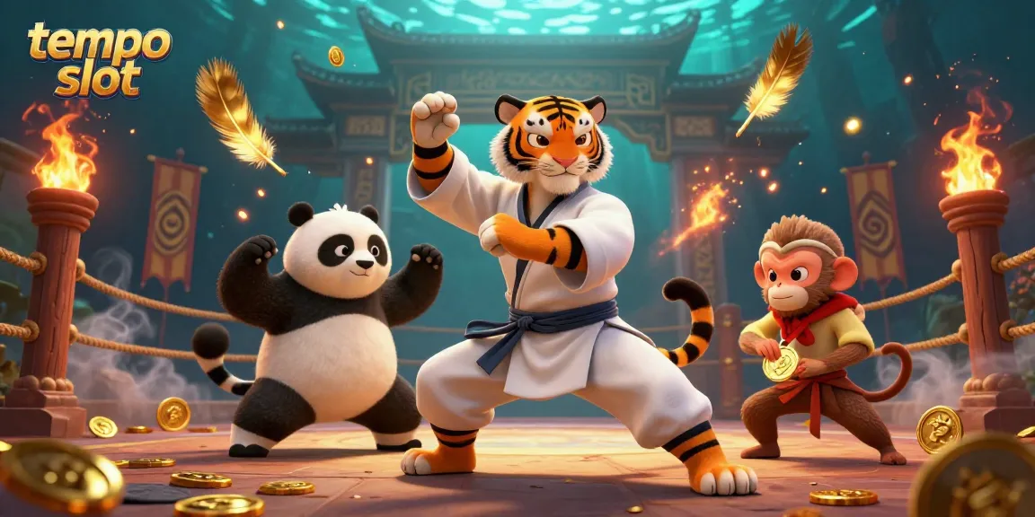 Slot tempo yang menarik ditampilkan dengan karakter kung fu dan suasana kasino yang mendebarkan.