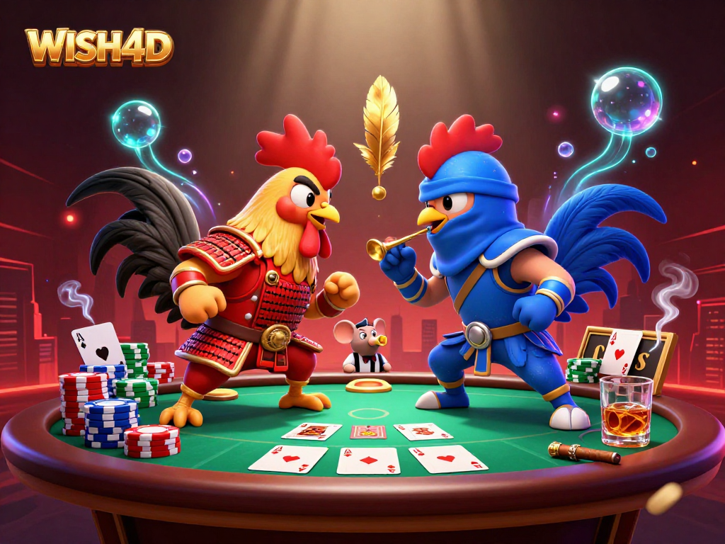 WISH4D memperlihatkan pertarungan ayam kartun 3D dalam suasana kasino yang dinamis.