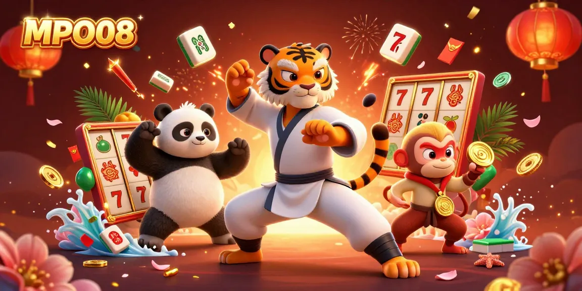 MPO08 slots scene with kung fu characters, vibrant casino elements, and festive decorations