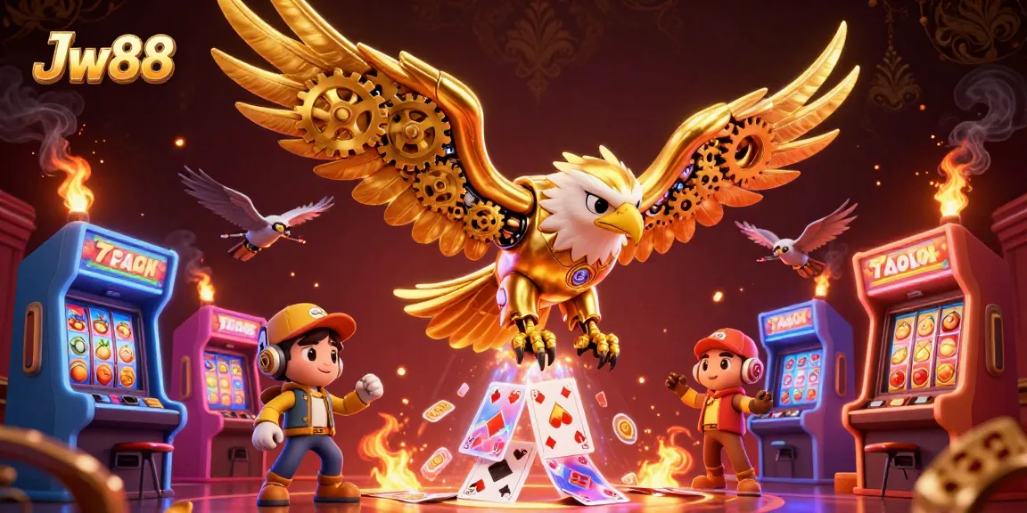 Experience exciting gameplay at Jw88 with a captivating casino-themed illustration featuring a golden eagle and vivid symbols.