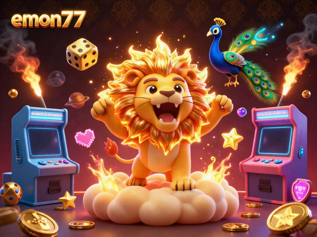 Experience the thrilling energy of emon77 with vibrant 3D elements and an epic sun lion character.