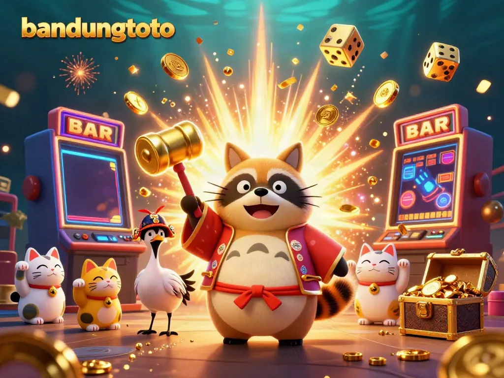 Experience excitement with bandungtoto in this vibrant illustration featuring a cheerful tanuki and stunning jackpot elements.