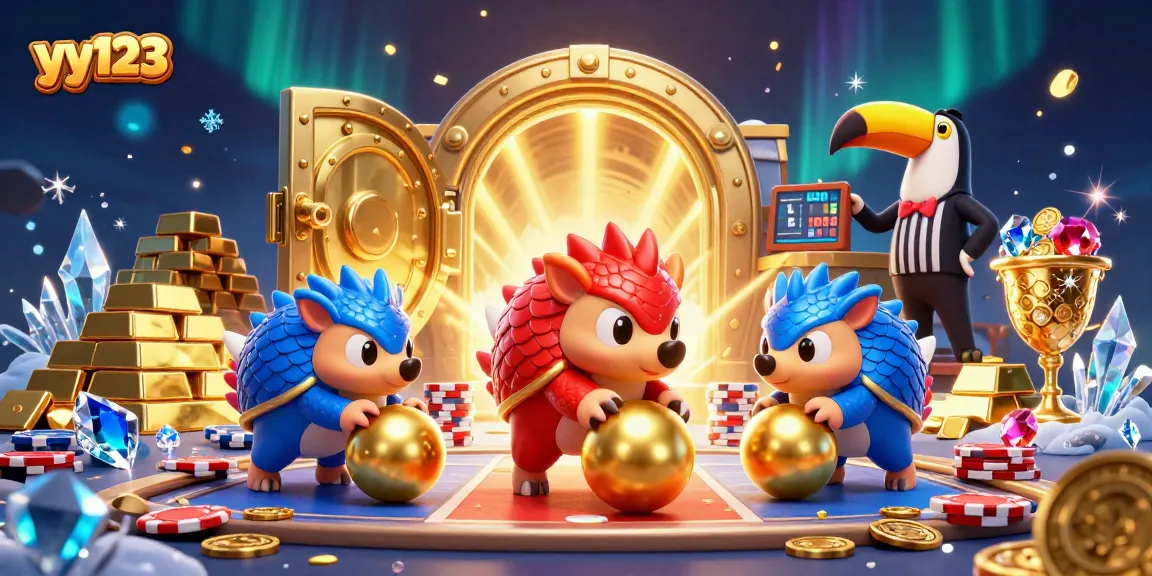 Menangkan jackpot besar di yy123 saat menunjuk pangolin bertanding dengan poker chip dan harta karun.