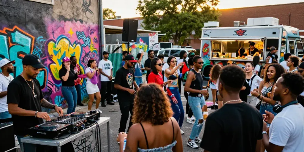 Vibrant urban music scene at https://jakartabeat.net with crowds, DJs, graffiti, and culture.