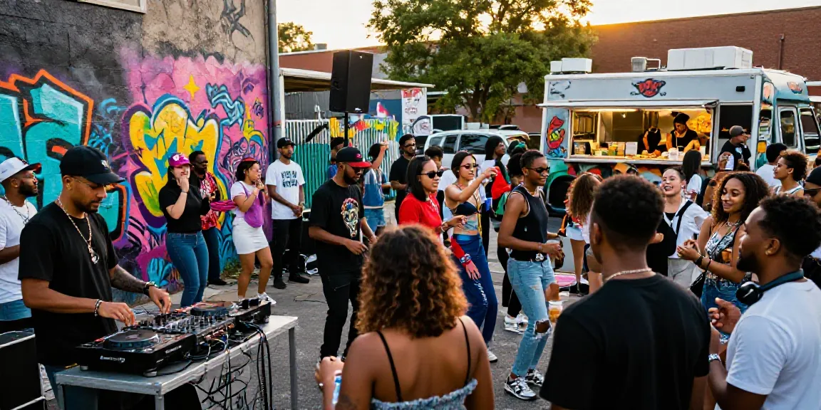 Vibrant urban music scene at https://jakartabeat.net with crowds, DJs, graffiti, and culture.