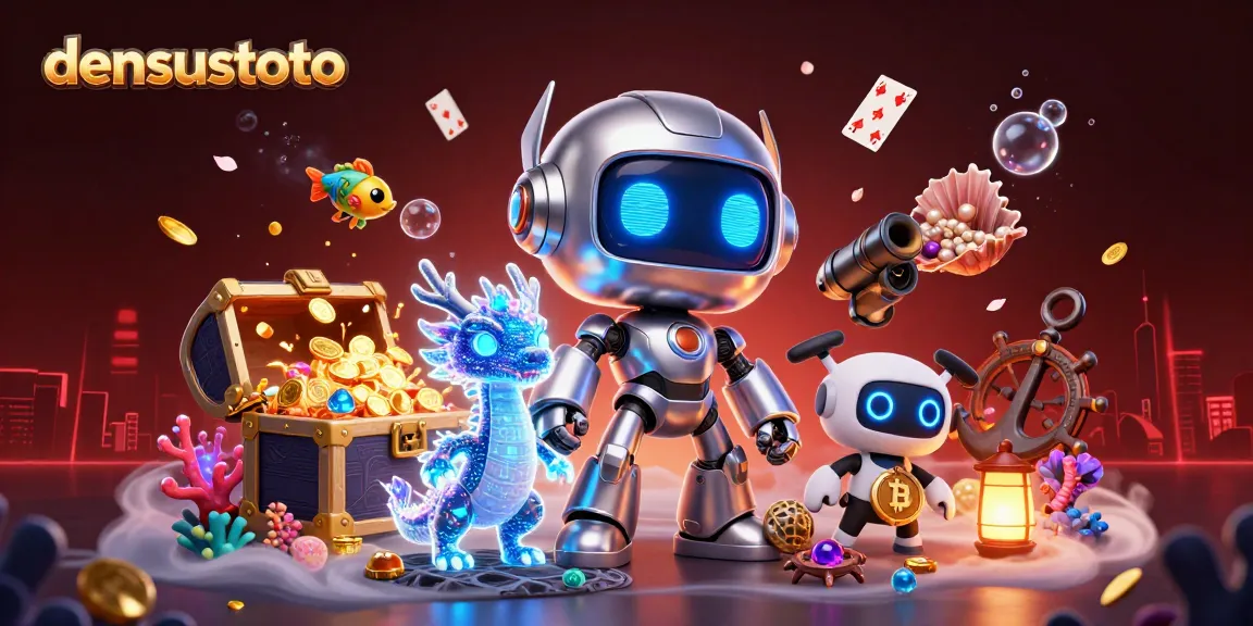 Densustoto menghadirkan ilustrasi 3D yang menampilkan robot cyberpunk dan drakon holografik, siap membantu prediksi angka.