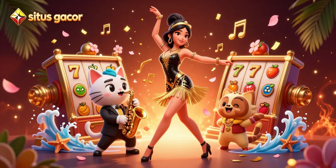 Experience the thrill of situs gacor with a vibrant illustration featuring a flapper in a dynamic dance pose alongside a saxophone-playing cat and casino symbols.