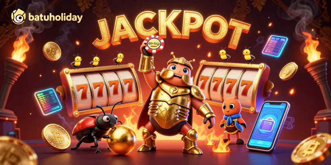 Play casino games with batuholiday, featuring a victorious beetle and golden coins amidst vibrant slot elements.
