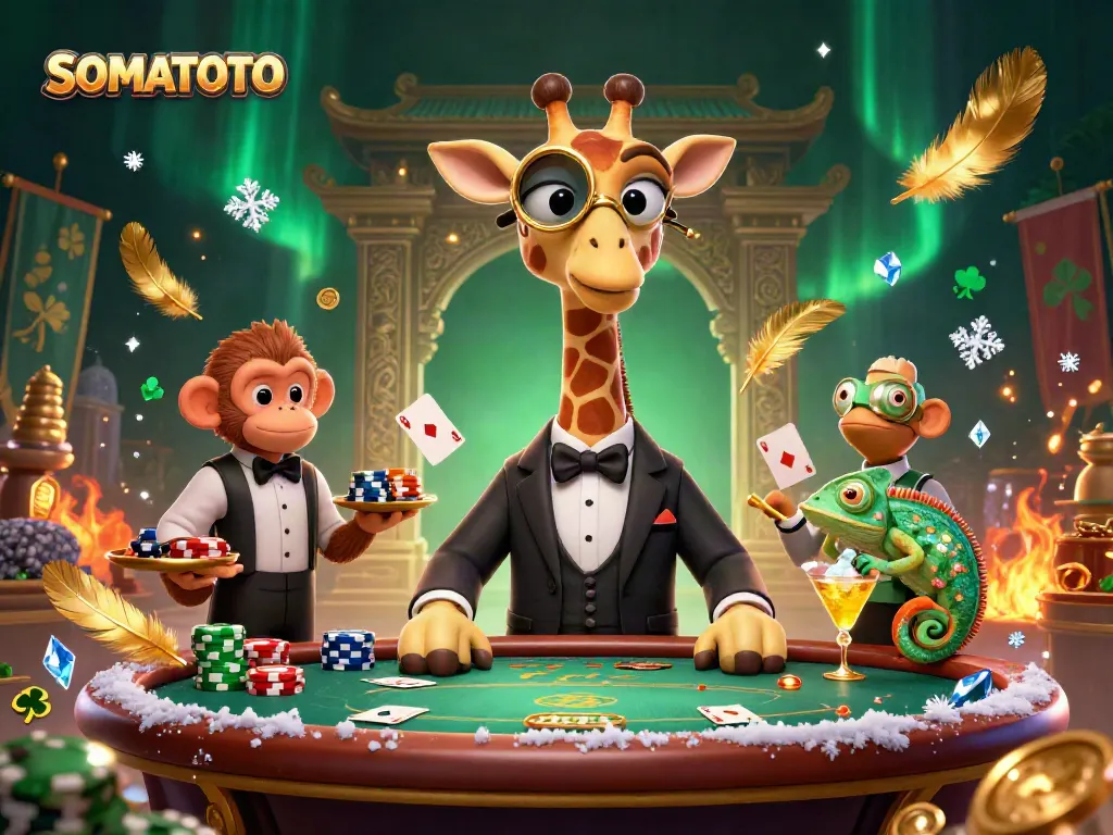 Experience excitement as SOMATOTO's high-roller giraffe engages in a thrilling poker game with vibrant casino elements.