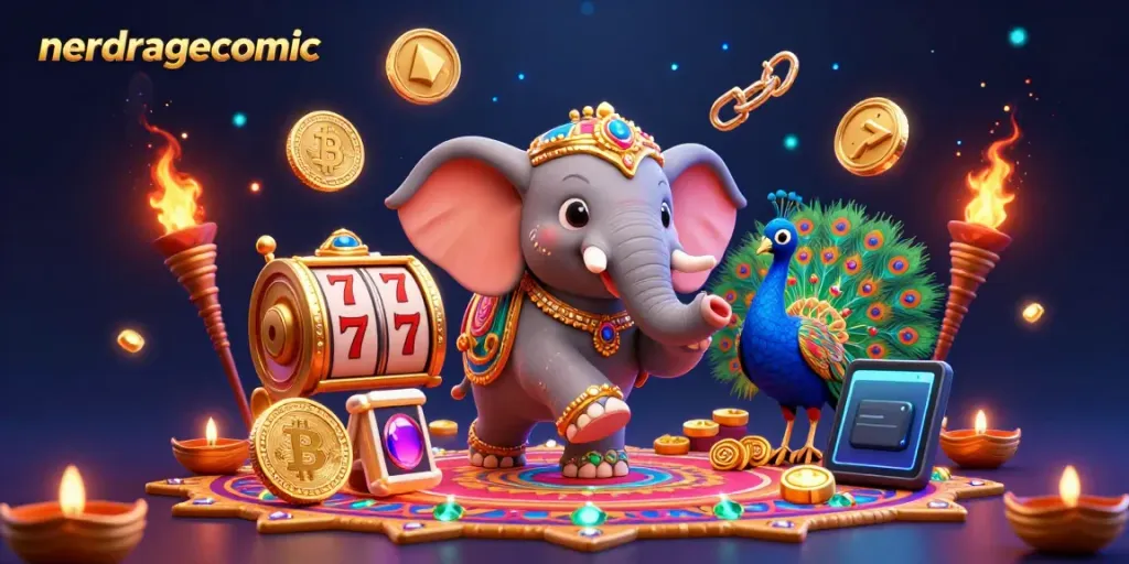 Komik Nerdragecomic menampilkan elefant tematik Diwali dan simbol slot, menciptakan suasana yang bersemangat.