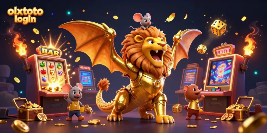 Win big with the olxtoto login, featuring vibrant casino elements and a triumphant chimera character.