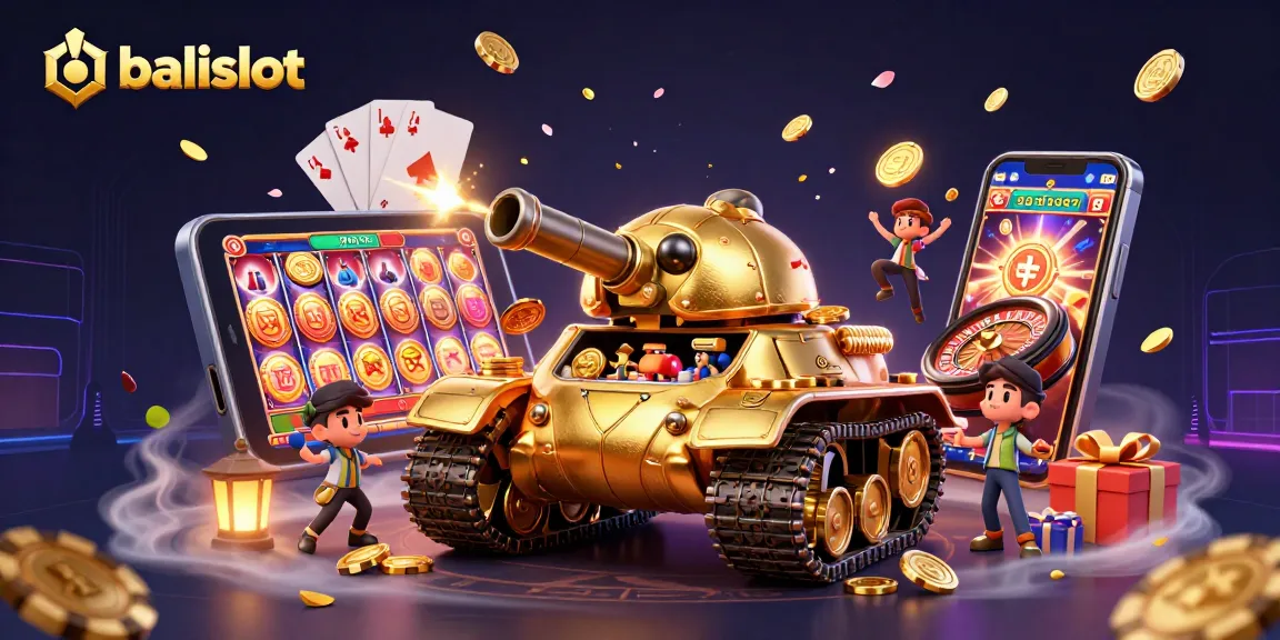 Mainkan balislot dengan tampilan kasino miniatur dalam tanki emas yang mengeluarkan koin dan confetti.