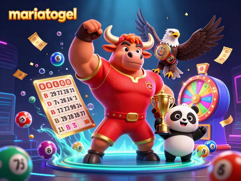 Experience excitement with mariatogel, featuring triumphant characters amid vibrant lottery elements in a dynamic casino scene.