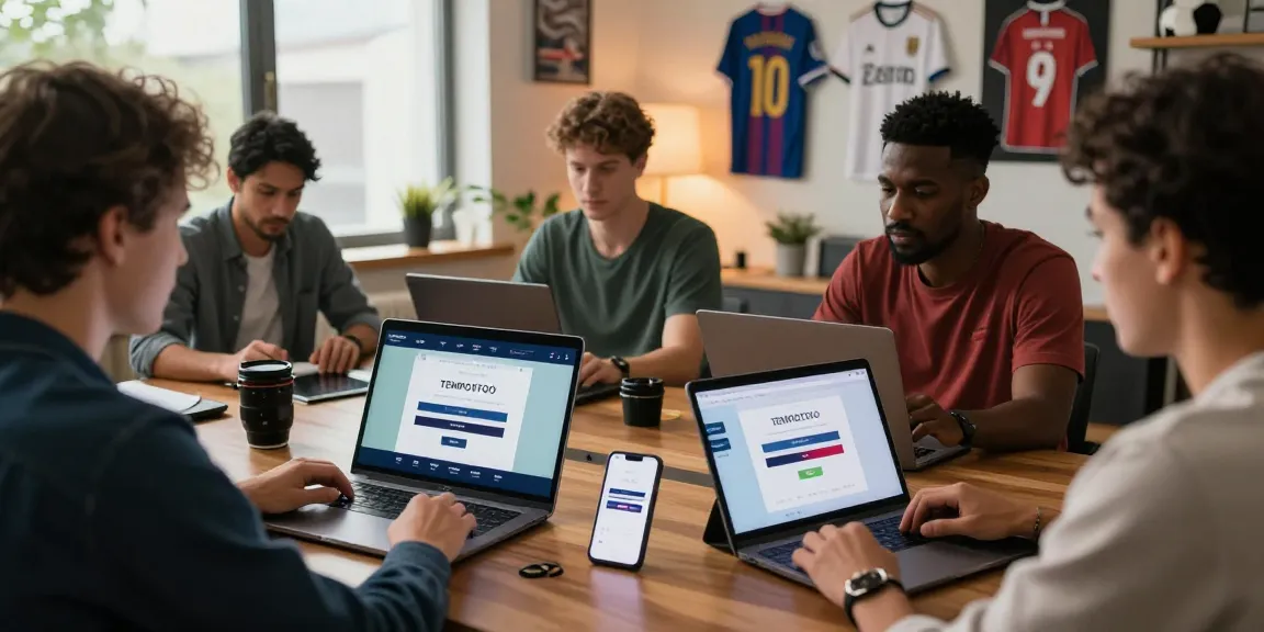 Engaged bettors accessing tempototo login on various devices in a modern home office setting during the World Cup.
