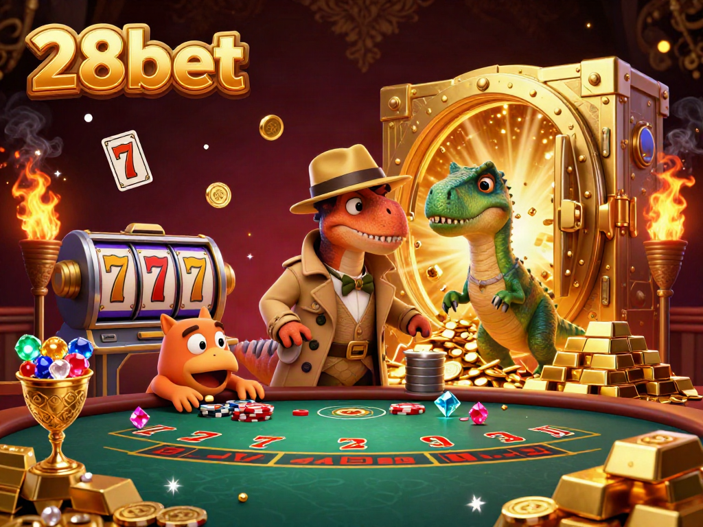 Engage with the thrilling 28bet casino scene featuring a velociraptor card counter and stegosaurus pit boss.