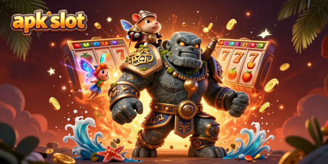 Menangkan jackpot dengan apk slot di tengah golem kuno dan peri magis dalam ilustrasi kasino.