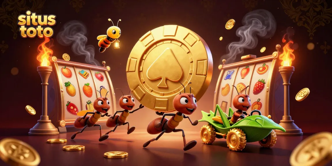 Engage with situs toto's thrilling gaming environment as ants carry a massive golden poker chip through a dynamic heist.
